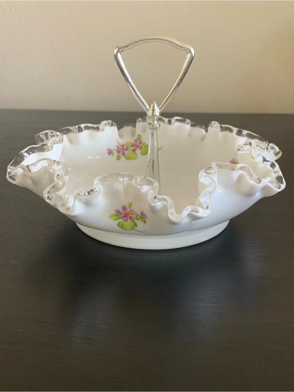 Vtg Fenton Violets in the Snow Milk Glass Candy Bon Bon Dish Signed M. Dickinson